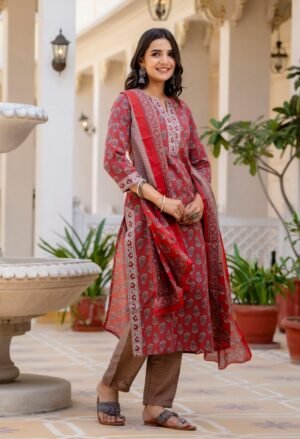 Women Viscose Red Straight Kurta And Pant Set With Dupatta