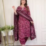 Women Wine Embroidery Viscose Rayon Kurta, Pant And Dupatta Set