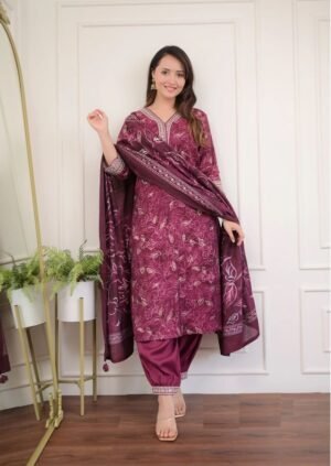 Women Wine Embroidery Viscose Rayon Kurta, Pant And Dupatta Set