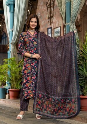 Women Navy Blue Embroidery Viscose Rayon Kurta, Pant And Dupatta Set