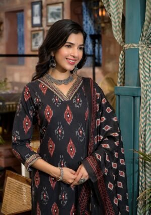 Women Black Embroidery Viscose Rayon Kurta, Pant And Dupatta Set