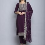 Women Purple Embroidery silk Kurta And Pant Set With Dupatta