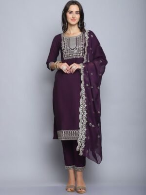 Women Purple Embroidery silk Kurta And Pant Set With Dupatta