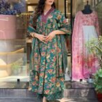 Women Viscose Green Anarkali Kurta And Pant Set With Dupatta