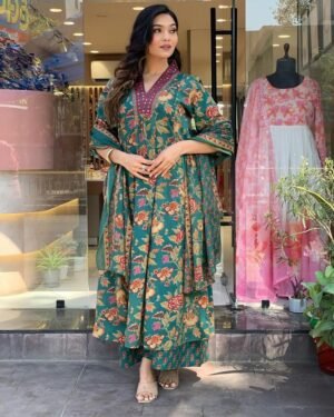 Women Viscose Green Anarkali Kurta And Pant Set With Dupatta