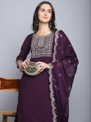 Women Purple Embroidery silk Kurta And Pant Set With Dupatta