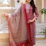 Women Viscose Red Straight Kurta And Pant Set With Dupatta