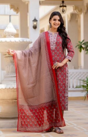 Women Viscose Red Straight Kurta And Pant Set With Dupatta