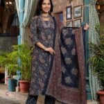 Women Blue Embroidery Viscose Rayon Kurta, Pant And Dupatta Set