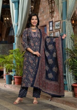 Women Blue Embroidery Viscose Rayon Kurta, Pant And Dupatta Set