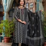 Women Black Kurta And Pant Set With Dupatta