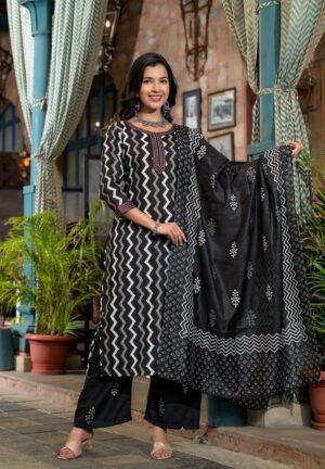 Women Black Kurta And Pant Set With Dupatta