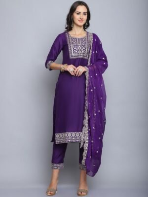 Women Embroidery Straight Purple Kurta And Pant set with Dupatta