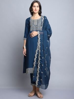 Women Morepeach Embroidery silk Kurta And Pant Set With Dupatta