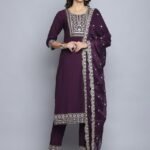 Women Embroidery Straight Wine Kurta And Pant set with Dupatta