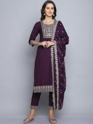 Women Embroidery Straight Wine Kurta And Pant set with Dupatta