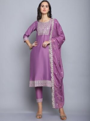 Women Pink Embroidery silk Kurta And Pant Set With Dupatta