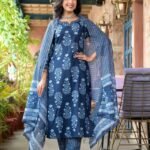 Women Blue Embroidery Viscose Rayon Kurta, Pant And Dupatta Set