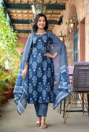 Women Blue Embroidery Viscose Rayon Kurta, Pant And Dupatta Set