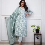 Women Viscose Floral Printed Green Kurta And Pant Set With Dupatta