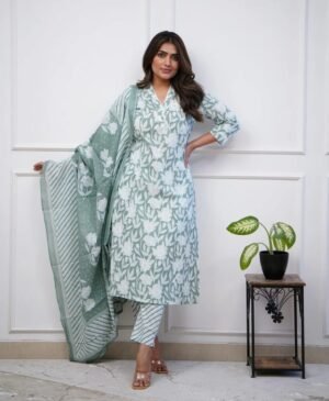 Women Viscose Floral Printed Green Kurta And Pant Set With Dupatta