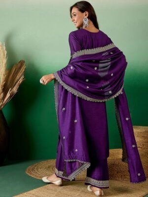 Women Purple Embroidery silk Kurta And Pant Set With Dupatta