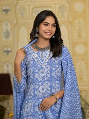 Women Blue Embroidery Viscose Rayon Kurta, Pant And Dupatta Set