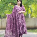 Women Viscose Purple Anarkali Kurta And Pant Set With Dupatta