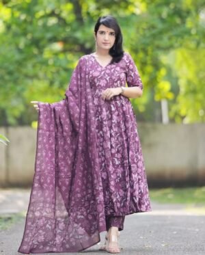 Women Viscose Purple Anarkali Kurta And Pant Set With Dupatta