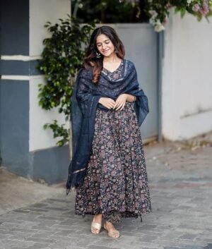 Women Viscose Floral Printed Blue Kurta And Pant Set With Dupatta