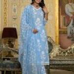 Women Blue Embroidery Viscose Rayon Kurta, Pant And Dupatta Set