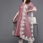 Women Pink Anarkali Kurta And Pant Set With Dupatta