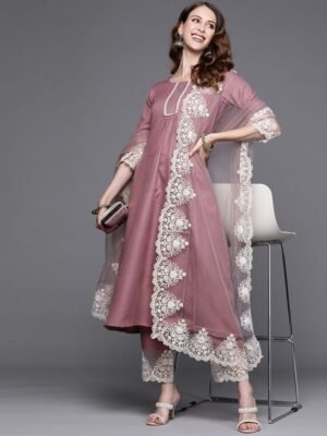 Women Pink Anarkali Kurta And Pant Set With Dupatta