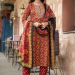 Women Red Embroidery Viscose Rayon Kurta, Pant And Dupatta Set