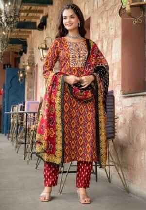 Women Red Embroidery Viscose Rayon Kurta, Pant And Dupatta Set