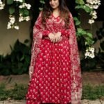 Women Viscose Printed Red Kurta And Pant Set With Dupatta