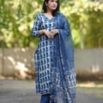 Women Blue Straight Kurta And Pant Set With Dupatta