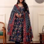 Women Viscose Blue Anarkali Kurta And Pant Set With Dupatta