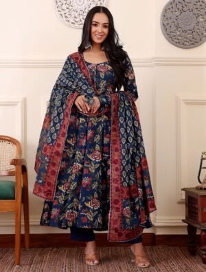 Women Viscose Blue Anarkali Kurta And Pant Set With Dupatta