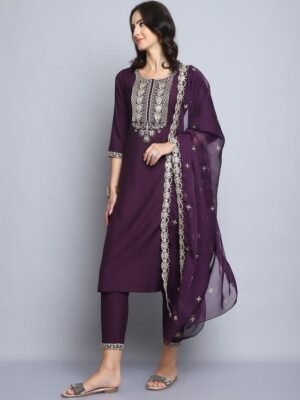 Women Purple Embroidery silk Kurta And Pant Set With Dupatta