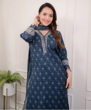 Women Viscose Navy Blue Kurta And Pant Set With Dupatta