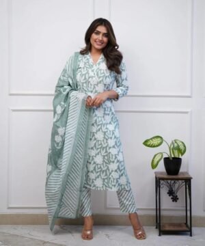 Women Viscose Floral Printed Green Kurta And Pant Set With Dupatta