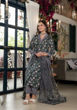 Women Green Embroidery Viscose Rayon Kurta, Pant And Dupatta Set