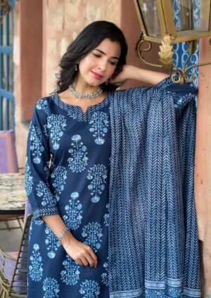 Women Blue Embroidery Viscose Rayon Kurta, Pant And Dupatta Set