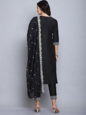 Women Embroidery Straight Black Kurta And Pant set with Dupatta