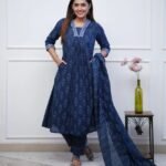 Women Blue Anarkali Kurta And Pant Set With Dupatta