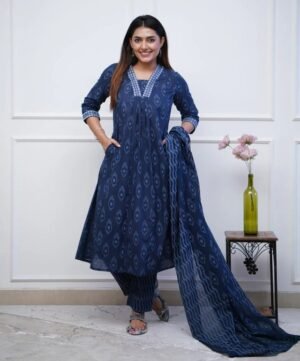 Women Blue Anarkali Kurta And Pant Set With Dupatta