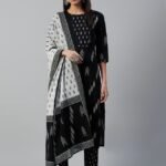 Women Viscose Black Straight Kurta And Pant Set With Dupatta