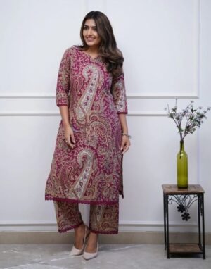 Women Printed Viscose Rayon Maroon Kurta & Pant Set