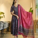 Women Viscose Blue Anarkali Kurta And Pant Set With Dupatta